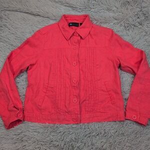 Relativity‎ Jacket Womens M Petite Pink Linen Coat Button Up Lightweight Comfort
